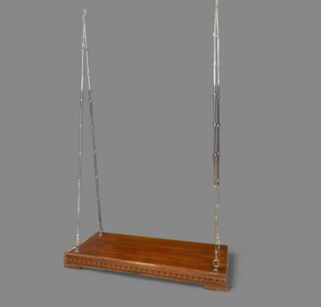 Wooden Plank Swing Jhula with Decorative Carving, Indoor Outdoor Seating, Traditional Design size 4*2ft size with 7 ft height hanging chain Rods Royal Flint