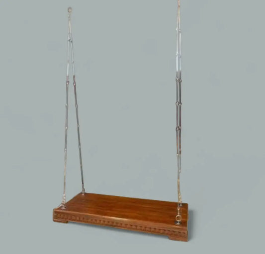 Wooden Plank Swing Jhula with Decorative Carving, Indoor Outdoor Seating, Traditional Design size 4*2ft size with 7 ft height hanging chain Rods Royal Flint