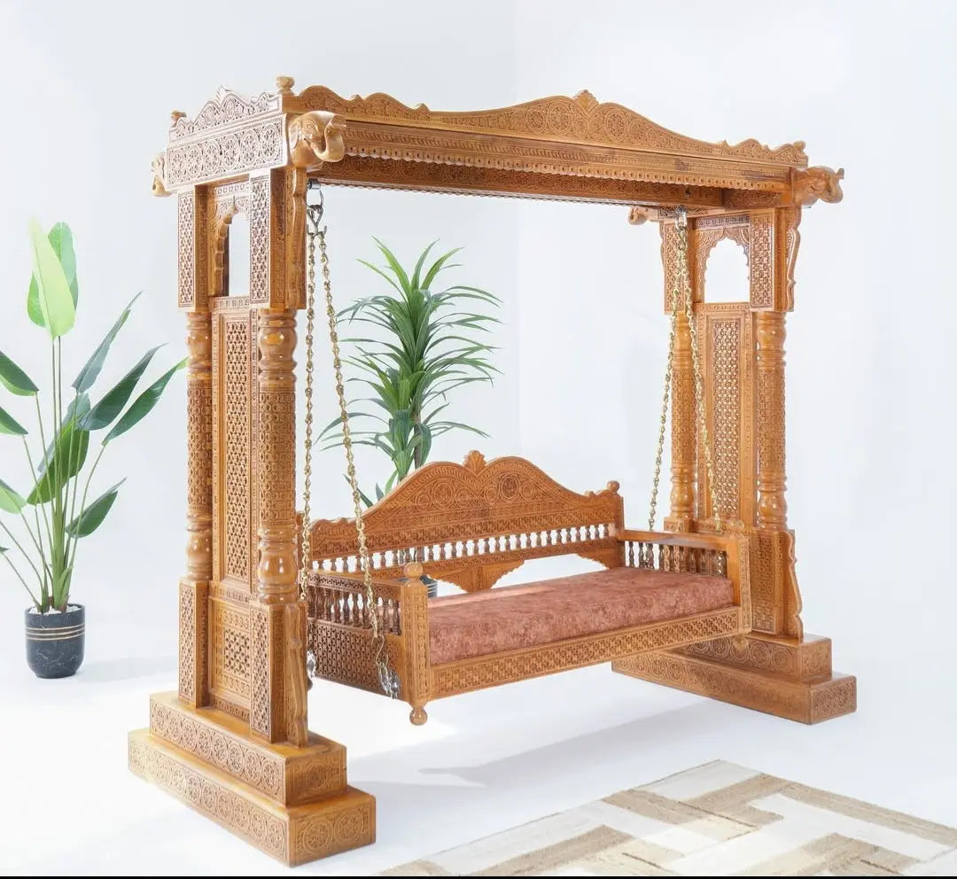 Handcrafted Wooden Jhula Swing with Intricate Carving | Traditional Indian Solid Wood Swing Sofa with Frame | Luxury Indoor Home Décor Hanging Bench for Living Room & Balcony Double piller Royal Flint