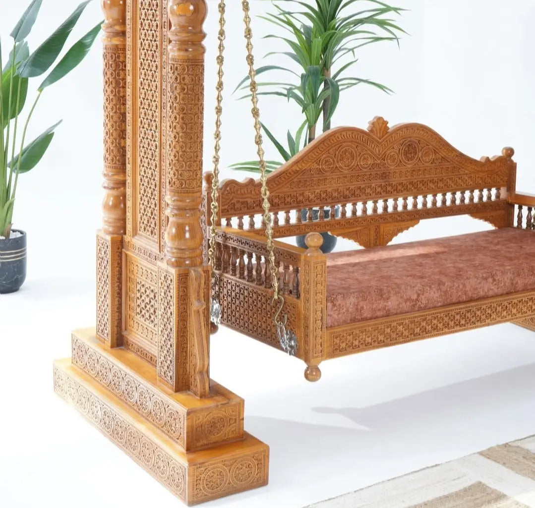 Handcrafted Wooden Jhula Swing with Intricate Carving | Traditional Indian Solid Wood Swing Sofa with Frame | Luxury Indoor Home Décor Hanging Bench for Living Room & Balcony Double piller Royal Flint