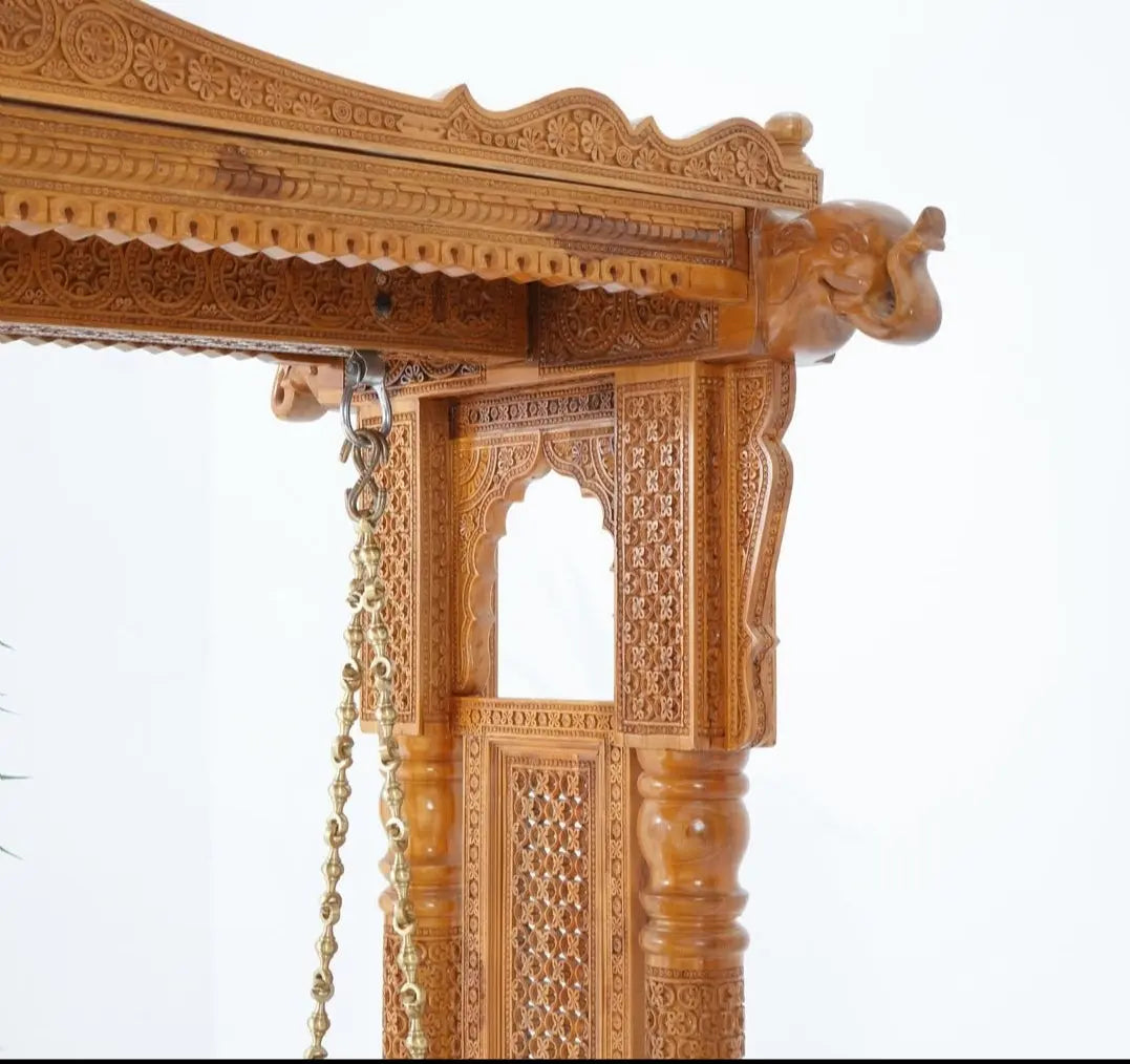Handcrafted Wooden Jhula Swing with Intricate Carving | Traditional Indian Solid Wood Swing Sofa with Frame | Luxury Indoor Home Décor Hanging Bench for Living Room & Balcony Double piller Royal Flint