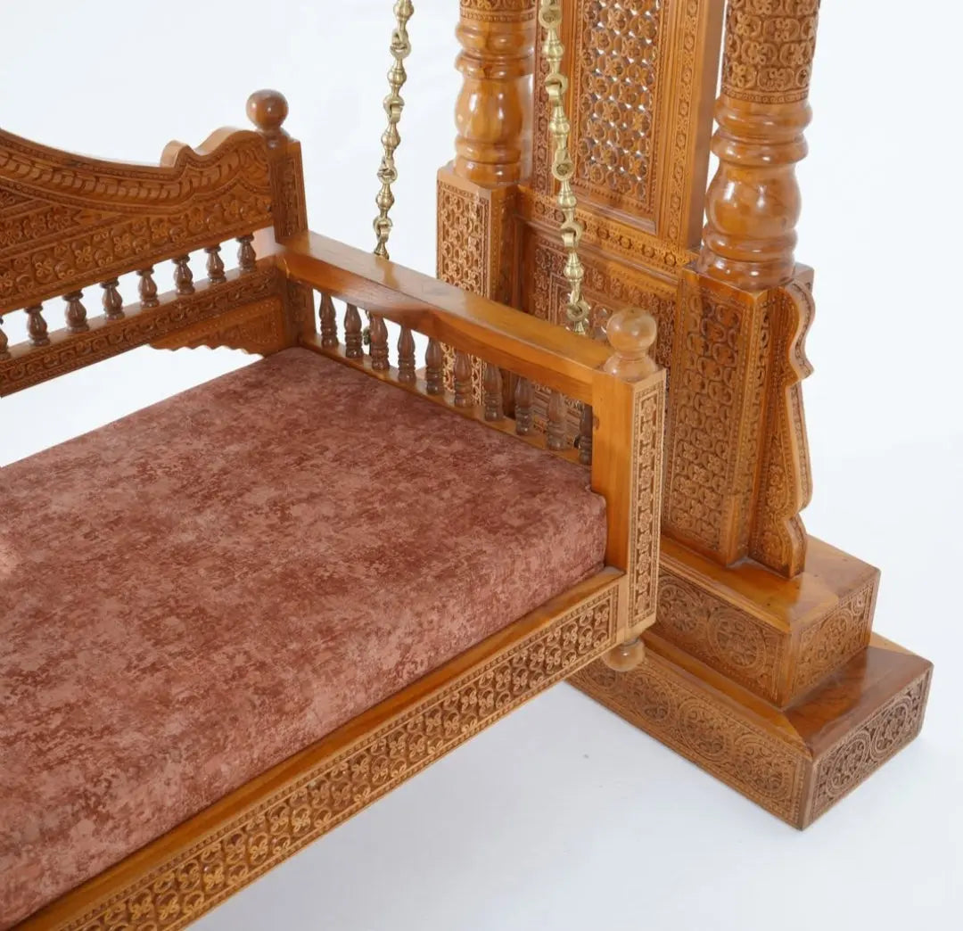 Handcrafted Wooden Jhula Swing with Intricate Carving | Traditional Indian Solid Wood Swing Sofa with Frame | Luxury Indoor Home Décor Hanging Bench for Living Room & Balcony Double piller Royal Flint